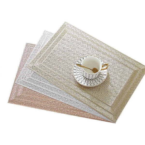 6 st Rektangulära Vävd Bordsunderlägg Halkskydd 45x30 cm Texturerade Reptåliga PVC Bordsunderlägg, för Kök Heminredning Silver