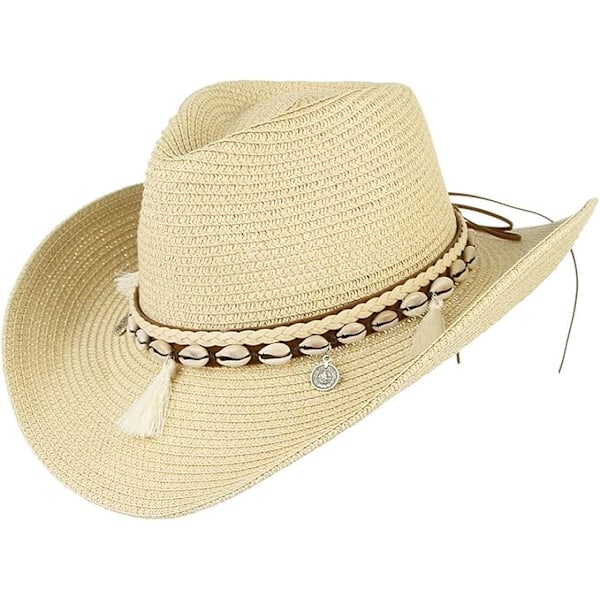 Sommarhatt i halm för kvinnor, Cowboy Cowgirl-hatt, solhatt med bred brätte, strandsemester, halmhatt med skalband Beige