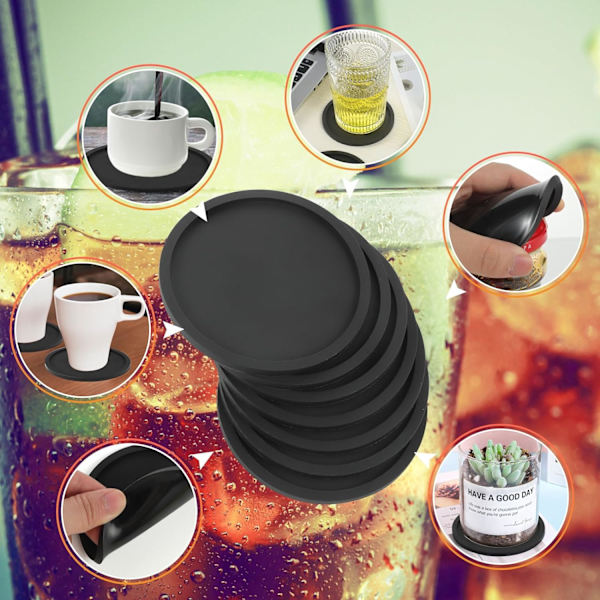 8 stk Sorte Underkopper, Tyk Design (0,5 cm) Runde Kopper Underkopssæt af 8, Silikon Underkopper til Drikkevarer, Kaffe Pads Øl Barmåtte Black（flat）