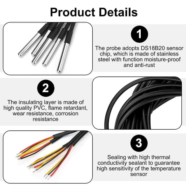 10 st DS18B20 Digital Temperatursensor, 5 x 3M, 5 x 1M Termisk Kabel Vattentät Sensor -55°C till +125°C Rostfritt Stålrörssensor