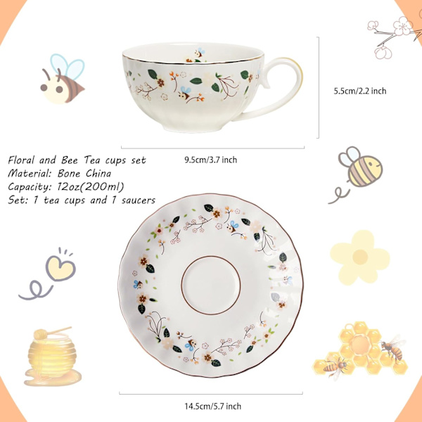 Blomster- och Bie-Teekoppar och Fat, Kaffe Benporslin Mugg 1 Set (1 Kopp och 1 Tallrik)