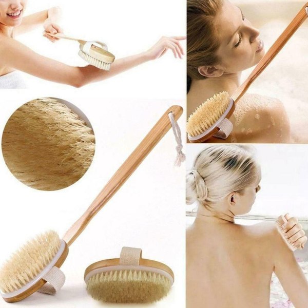 2-piece wooden bath brush with long handle and back cleaner set