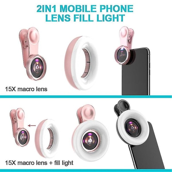 Universal Mobiltelefon 15x Makro Linse Fyldlys Selfie LED Ring Clip Flash Lys Pink