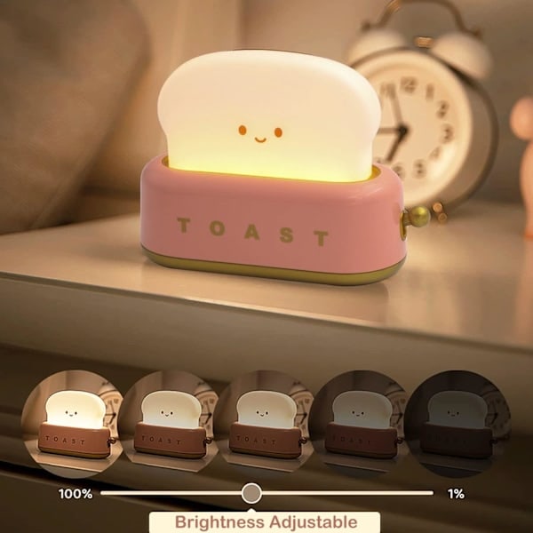 Søt Toast Lampe, Skrivebordsdekor Natlampe, LED Dimbar Brødlampe, Oppladbar Romdekorasjonslampe, Sylampe for Soverom Sengesidebord Rosa