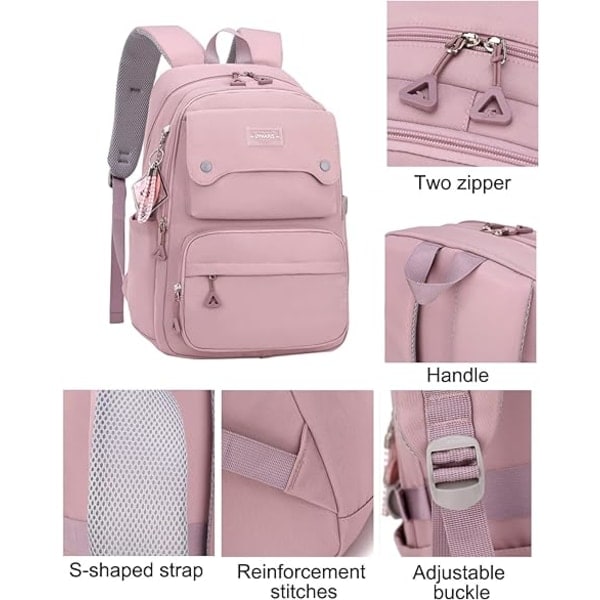Ryggsäck för tonårsflickor, vardaglig, för gymnasiet, dagsryggsäck, dam, daglig reseryggsäck för laptop (rosa)