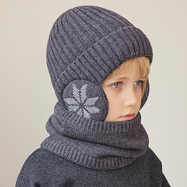 Vintermössa och halsdukssats för barn | Stickad halsduk och mössa för utomhussporter - Snöflingemönster Elastisk förtjockning Utomhussporter Mössa och halsdukssats Dark Gray