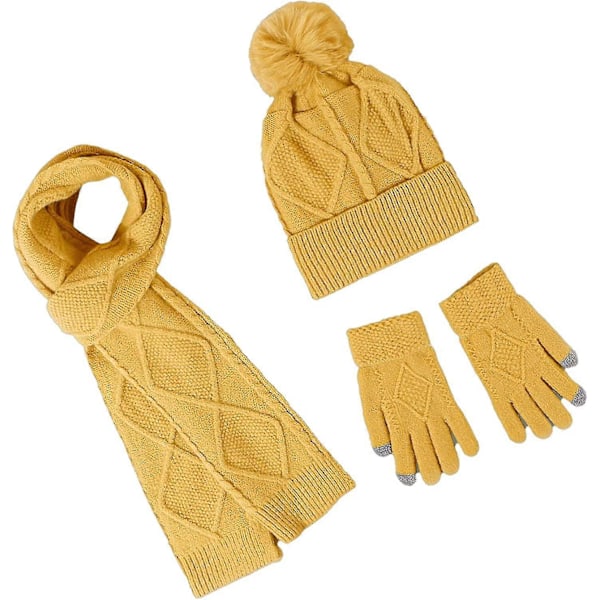 Varm stickad mössa, halsduk och handskar set för damer och flickor, 3 i 1 Pom Yellow