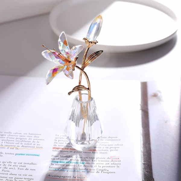 Kristallblomma Figur Lily Blomma Samlarobjekt Present till Kvinnor, Glas Lilium med Kristallvas Metallstam för Hem Bröllopsfest Dekor Clear