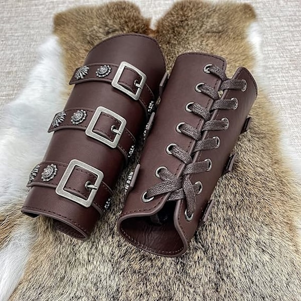 Medeltida PU-läder spänne arm bracers, riddare LARP Retro renässans armvakter, en storlek ett par Dark Brown