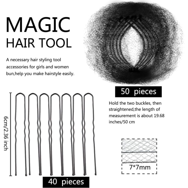 Hårnät Osynlig Elastisk Kant Nät och U-formade Nålar Set, 50 st 50cm Individuell Förpackning Osynliga Hårnät, 40st U-formade Nålar för Kvinnor Bun Black