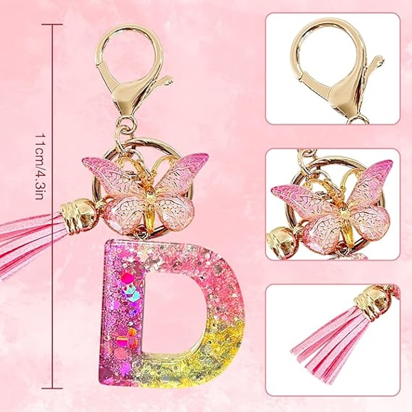 Alfabetet nøglering ringe Pink Cute nøglering med sommerfugl kvast vedhæng indledende bogstaver D