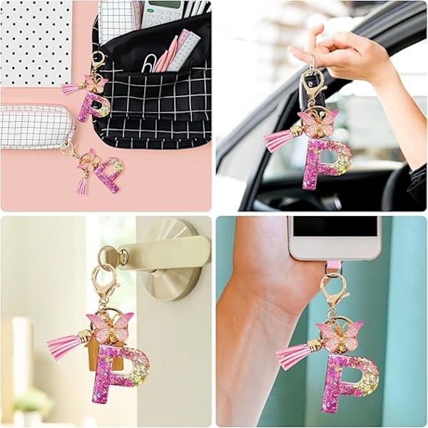 Alfabetet nøglering ringe Pink Cute nøglering med sommerfugl kvast vedhæng indledende bogstaver P