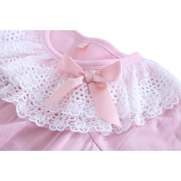 Mamma & flickors matchande spetsnattlinnen & rosett nattlinnen 100% bomull nattkläder för småbarn Pink 140cm