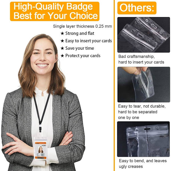 50 stk Plast Navneskilt Holdere Vertikalt/Horisontalt Badge ID-kort Holdere, Klare Vanntette ID-kort Holdere Navneskilt Holdere Vertical