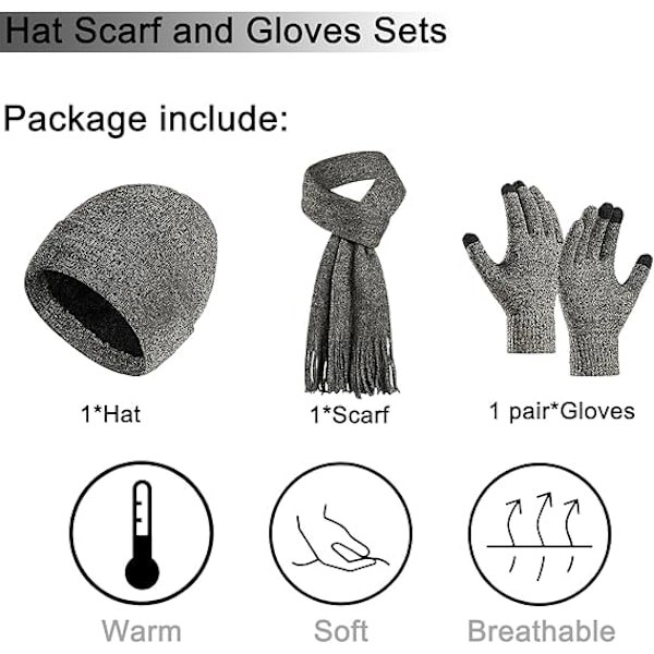 Vinter Unisex Beanie Hatt, Skjerf og Hansker Sett, Elastisk Strikket Hatt Langt Skjerf Berøringsskjermhansker Med Tykk Fleece Innerfôr for Menn og Kvinner Medium Gray
