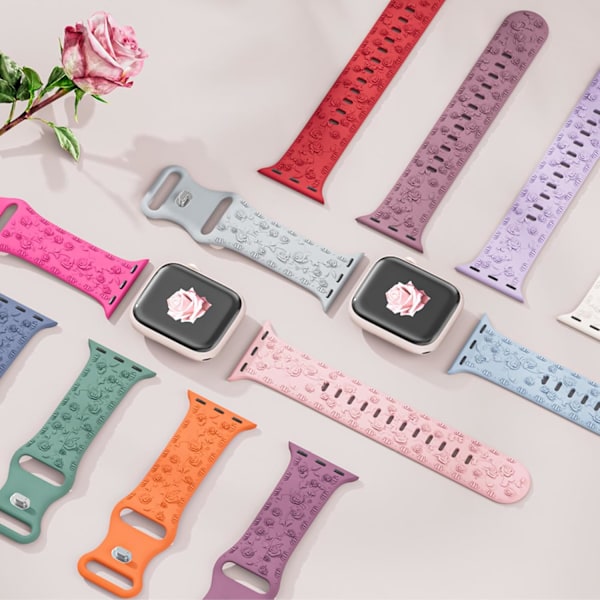 Kaiverrettu ranneke Apple Watch -hihnoille iwatch-hihna naisille, pehmeä silikoninen ruusun kukkakuvioinen hihna iWatch-sarjan hihnalle Barbie Pink/Starlight 42/44/45mm