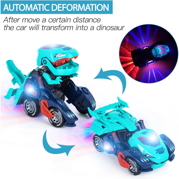 Elektrisk automatisk dinosaurietransformerande bil med blinkande ljus och ljud för 3-7 år pojkar Flickor Pedagogisk leksak Födelsedagspresenter för barn Green + Blue