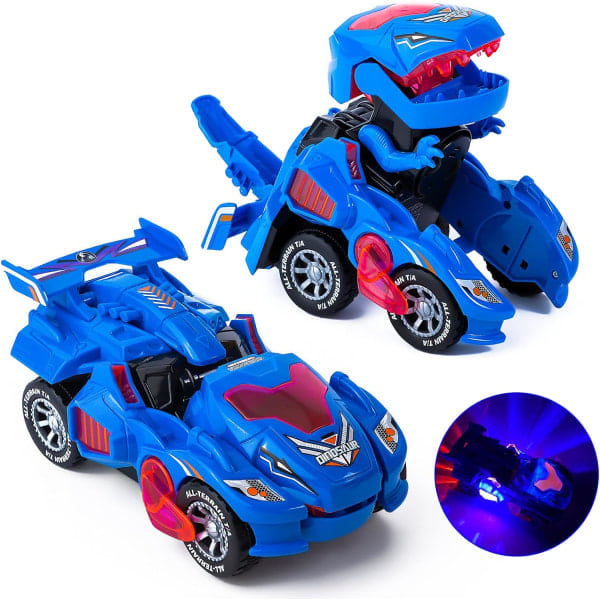 Dinosaurie Transformerbil Elektrisk Dinosaurieleksak Automatisk Transformerande Dinosauriebil med Blixt och Ljud Lämplig för 3-7 År Blå