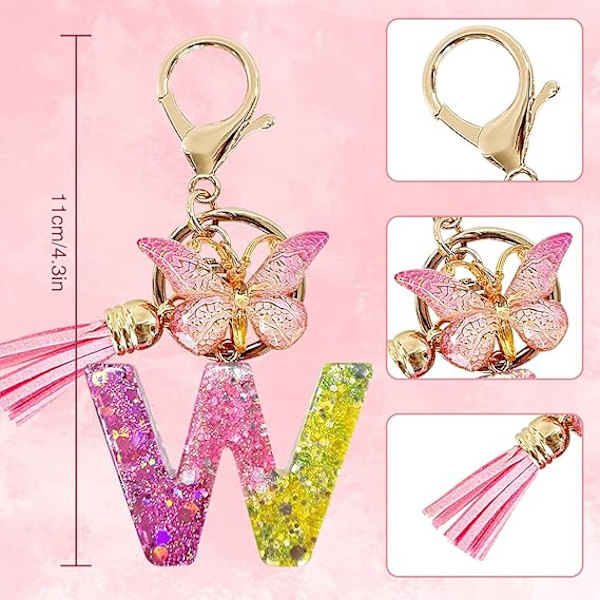 Alfabetet nøglering ringe Pink Cute nøglering med sommerfugl kvast vedhæng indledende bogstaver W