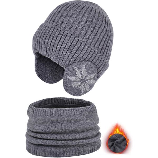 Vintermössa och halsdukssats för barn | Stickad halsduk och mössa för utomhussporter - Snöflingemönster Elastisk förtjockning Utomhussporter Mössa och halsdukssats Dark Gray
