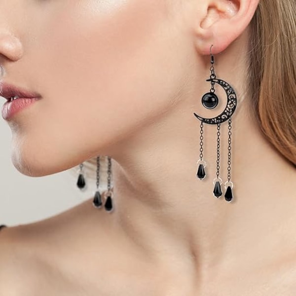 Gotiska Måneörhängen, Snygga Svarta Goth Måne Drop Örhängen Eleganta Häxa Himmelska Hängande Örhängen Svarta Hoop Öron Smycken