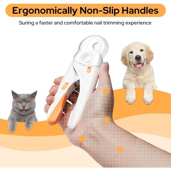 Klo trimmer for katt og hund med LED-lys, sikkerhetsbeskyttelse, neglfil og sprutbeskyttelse, for store, mellomstore og små kjæledyr