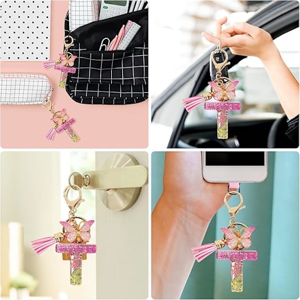 Alfabetet nøglering ringe Pink Cute nøglering med sommerfugl kvast vedhæng indledende bogstaver T