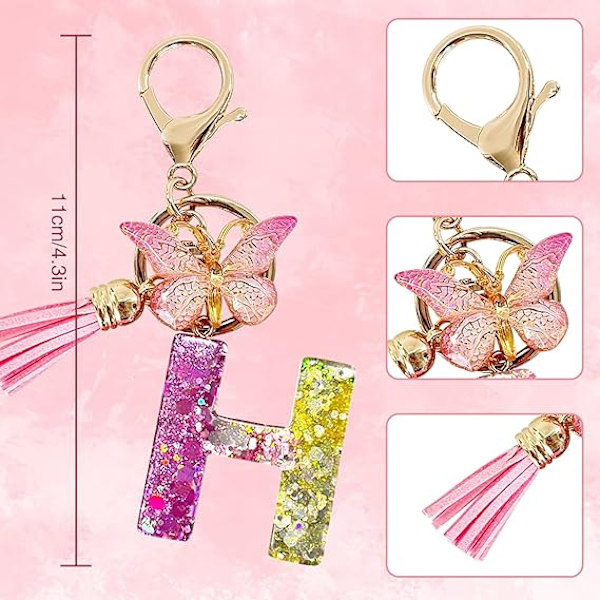 Alfabetet nøglering ringe Pink Cute nøglering med sommerfugl kvast vedhæng indledende bogstaver H