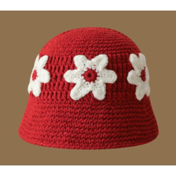 Hæklet Spandhat til Kvinder Trendy Strikket Blomster Slouchy Hat Sød Boho Blomst Håndlavet Beanie Udendørs Boho Rejse Fiskehat Red