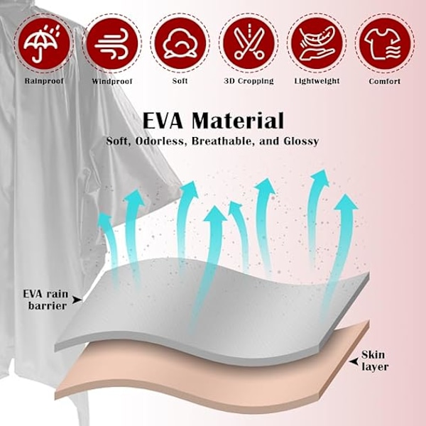 Vattentät regnponcho, regnponcho för vuxna, lätt återanvändbar poncho vattentät vuxen Eva regnrock nödregnskydd med huva