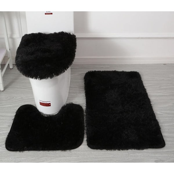 Mjuka Mikrofiber Badmattor Set med 3 delar, Badmatta + Konturmatta + Toalettlockskydd, Halksäkra Badmattor med PVC-prickar Flanellbakstycke Black