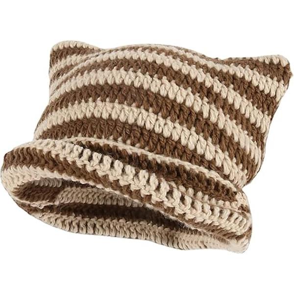 Hatt med katteører i strikket ull til kvinner, varm vinterlue med elastisk strikk, slouchy stil for jenter, voksne og barn Brown
