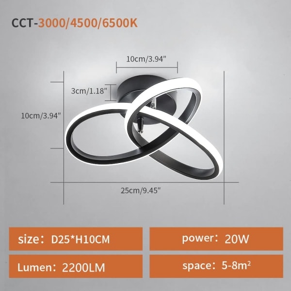 LED Loftlampe, Loftlampe 20W 2200LM, LED Lampe Sort til Stue, Soveværelse, Gang, Køkken 26cm, Dæmpbar 3000K / 4500K / 6500K