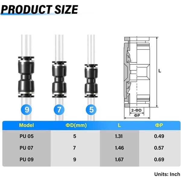 Lige pneumatiske fittings - Pakke med 10 - Sort plast - 7 mm lynkobling - Til luftsystemer