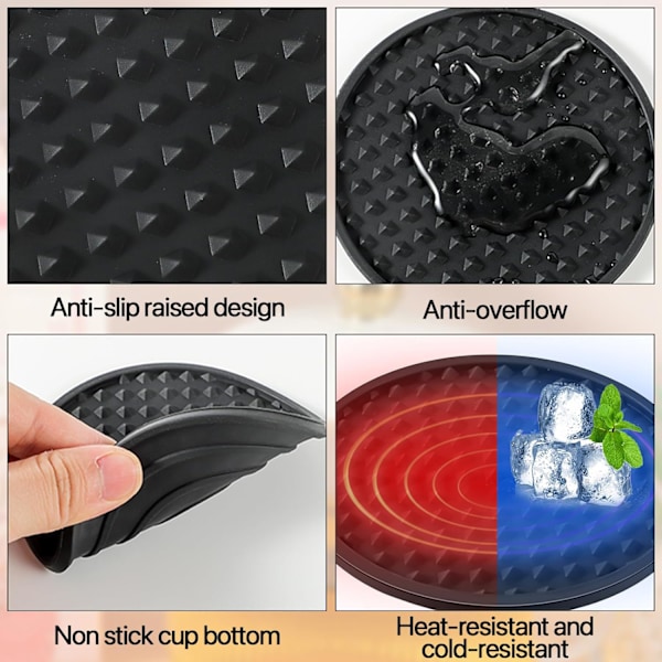 8 stk svarte underlag, tykk design (0,5 cm) Runde krusunderlag sett med 8, silikonunderlag for drikkevarer, kaffeputer øl barmatte Black（spikes）