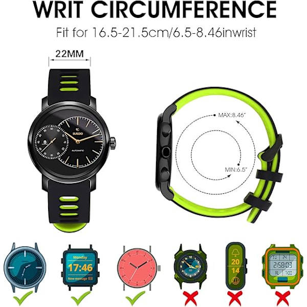 Silikon Urrem, Hurtig Udskiftning Sport Urrem, Universal Smartwatch Rem med Sort Rustfrit Stål Spænde til Mænd og Kvinder Black-Green 22mm