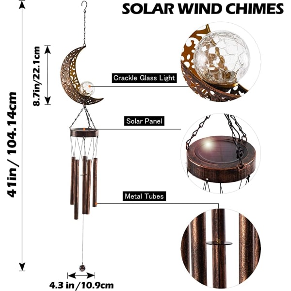 Vindklokker LED Solcellelys Utendørs Metallrør Hagepynt Hengende Måne Natt Vindklokker Vanntette Dekor for Hage