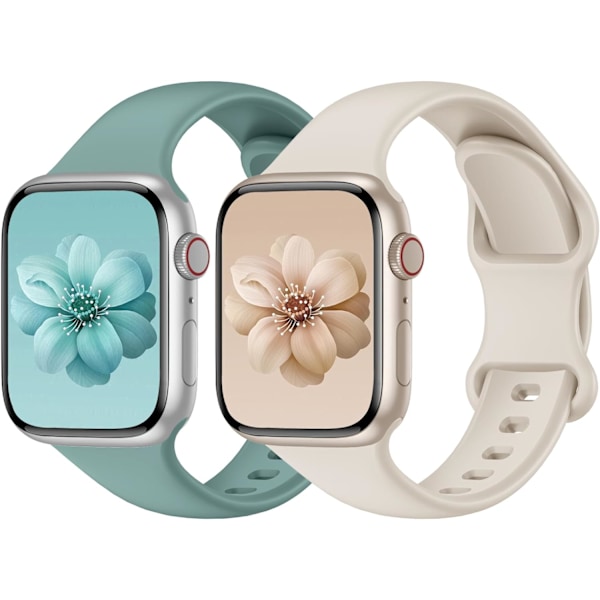 2 kpl Urheilunauhat Yhteensopivat Apple Watch -nauhojen kanssa, Naiset Miehet, Päivitetty Pehmeä Silikoninauha Vaihtokellohihnoja iWatch-sarjoille Pine Needle Green/Starlight 42/44/45/49mm