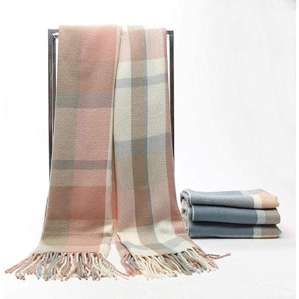 1 stk. Dame Mode Langt Sjal Stort Gitter Vinter Varmt Gitter Stort Tørklæde Beige Pink