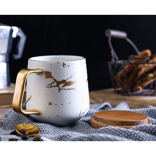 Porcelæn Te Kop Kaffe Kande Sæt til Eftermiddagste - Marmor Mønster (Sort, Kort 300ml + Træ Underkop)