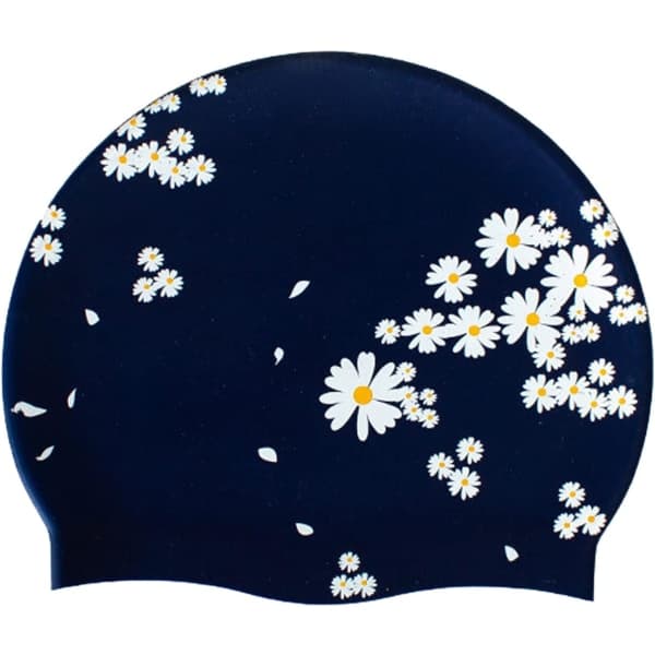 Silikonebadehætte til kvinder og piger, vandtæt blomsterprintet badehætte til langt hår (Navy Blue)