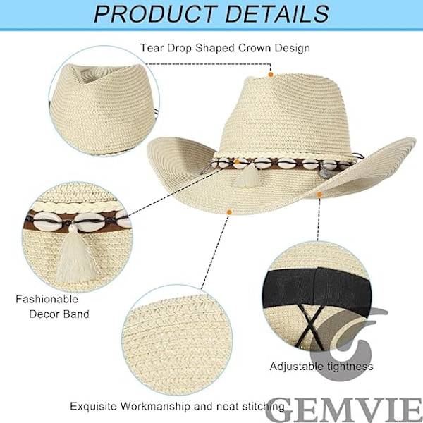 Sommerhatt i strå for kvinner - Cowboy/Cowgirl-hatt med bred brem - Strandhatt med skallbånd Beige