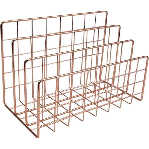 Metallisk Magasinholder for Skrivebord, Filholder med 3 Rom, Jerntråd Oppbevaringshylle, Filorganisator, Holder, Multifunksjonell Brevfil, Bokoppbevaringskurv Rose Gold