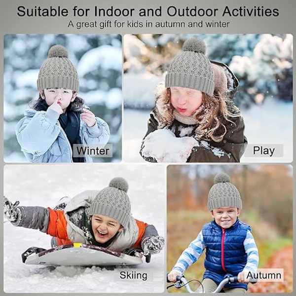 Vintermössa, Halsduk och Vantar Set för Barn, 3-Delar Stickad Varm Crochet Tjock Fluffig Halsduk Pom Pom Mössa Två Fingrar Touch Screen Vantar Set Grey