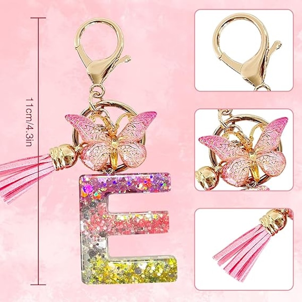 Alfabetet nøglering ringe Pink Cute nøglering med sommerfugl kvast vedhæng indledende bogstaver E