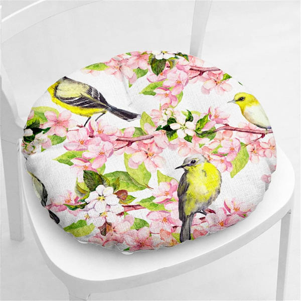 Rund linnekudde stolsdyna, quiltad sittdyna blomma & fågelserie golv tatami bekväm vadderad soffa matstolar kuddar Yellow Thrush