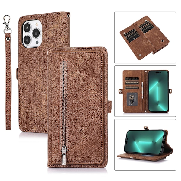 Mobilskal i läder med flera kortfack för iPhone 15 Pro Max Brown