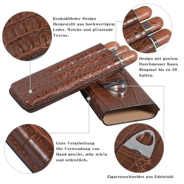 3-pibe cigar etui i krokodilleskindsmønster Læder cigar humidorer Humidor cigaræske med rustfrit stål cigar cutter (ingen cigarer)
