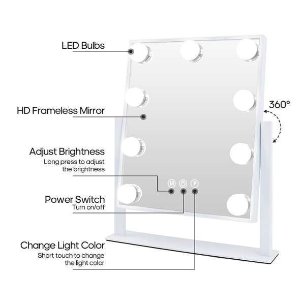 Hollywood speil med lys 360° roterbart bordplate 25 x 30cm hvit 25 x 30cm