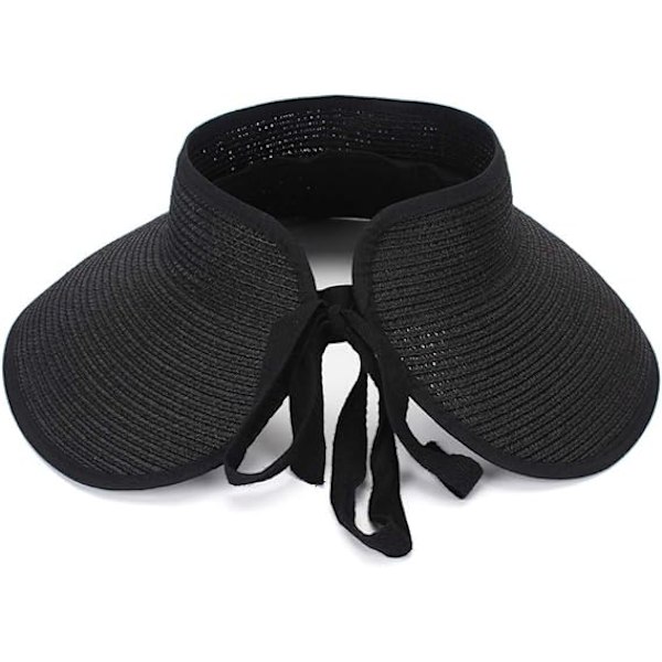 Stor Strandhatt i Halm för Kvinnor, Vikbar Bredbrättad Hatt för Dam, Solskydd, Bucket Hat med Rosett Black